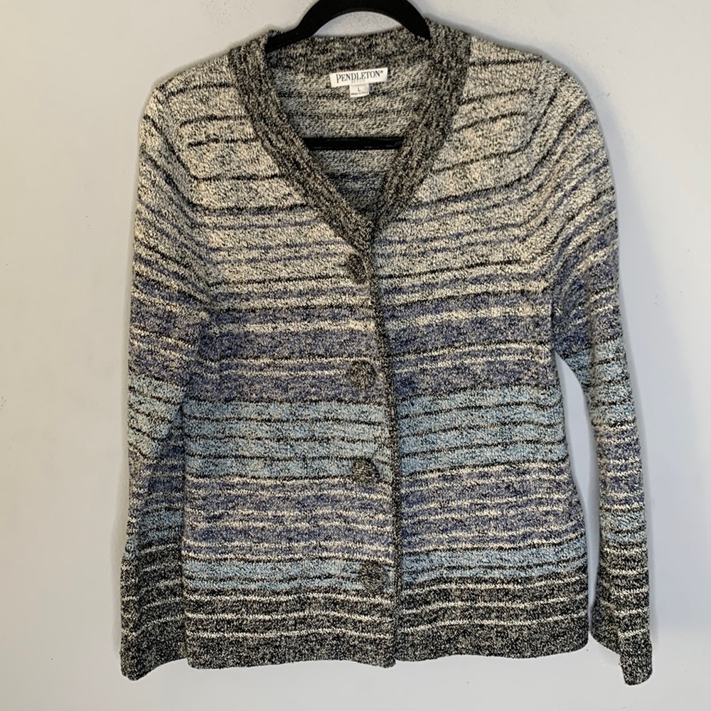 Pendleton cotton silk blue white black striped knit jacket L P